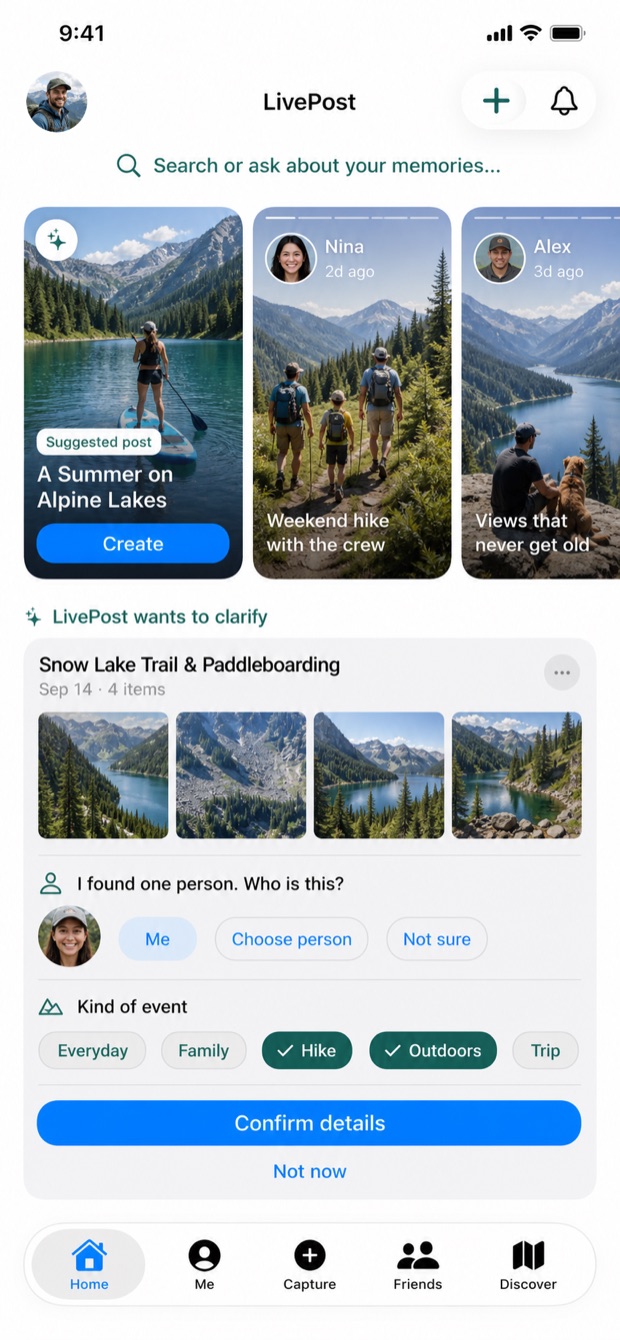 LivePost Home with a suggested post and a short question